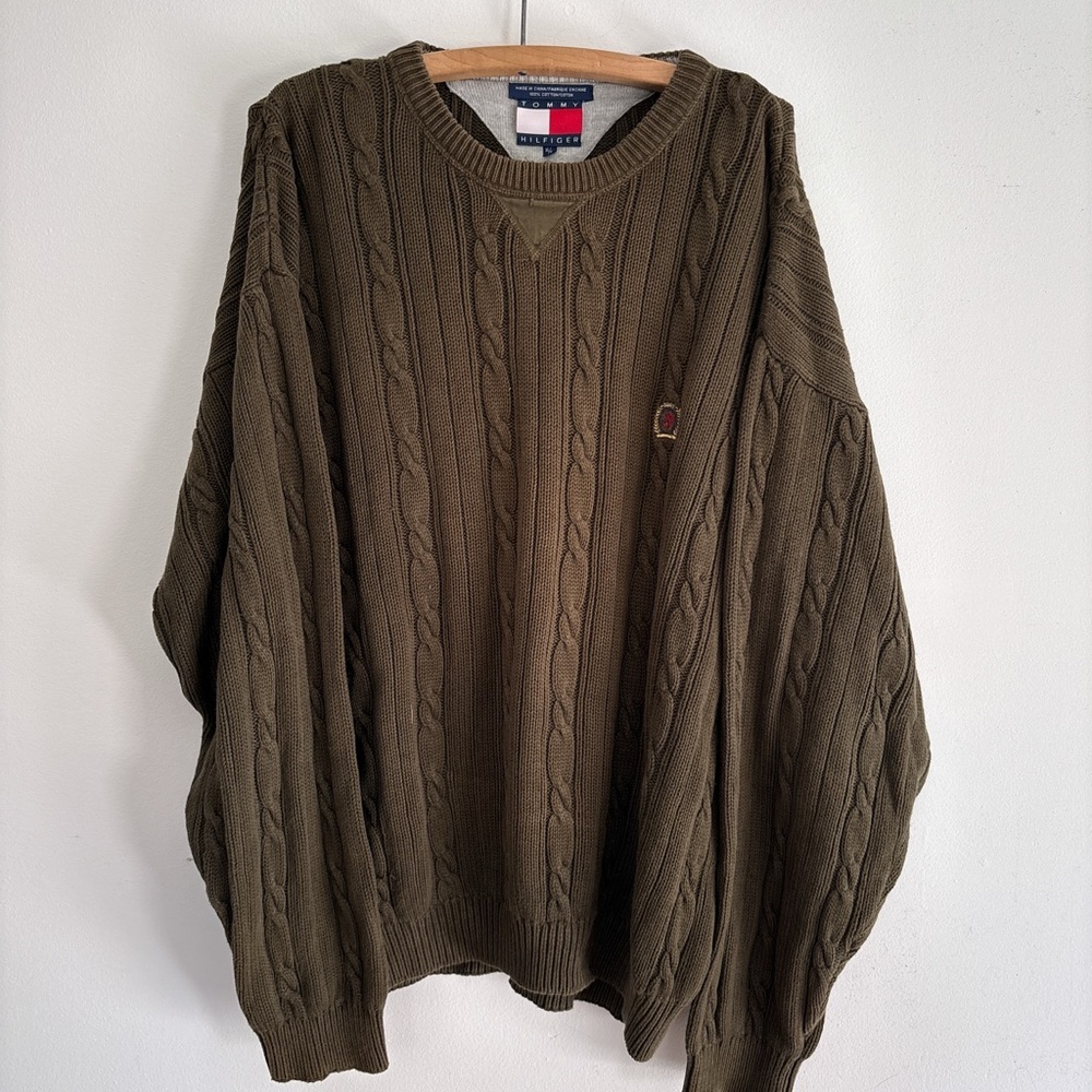 Vintage TOMMY Hilfiger knit sweater kahki green large heavyweight
